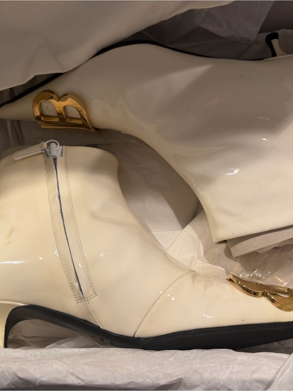 Balenciaga Cream Patent Leather Ankle Boots with Gold 'B' Accent